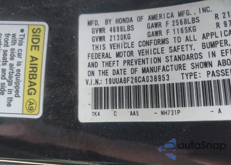 2012 Acura Tl 3.5 from USA, damaged, VIN 19UUA8F26CA038953